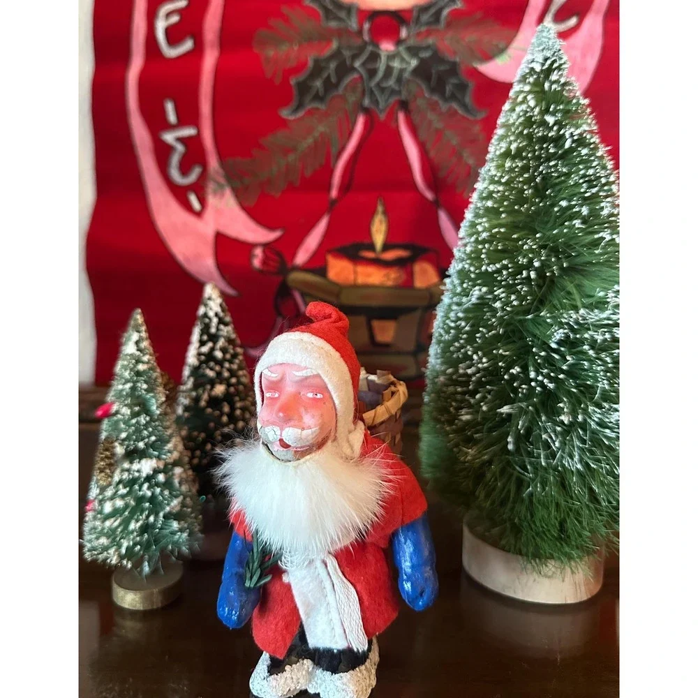 Vintage German Belsnickel(?) 5'' Santa Claus With Basket Large Rabbit Fur Beard‎